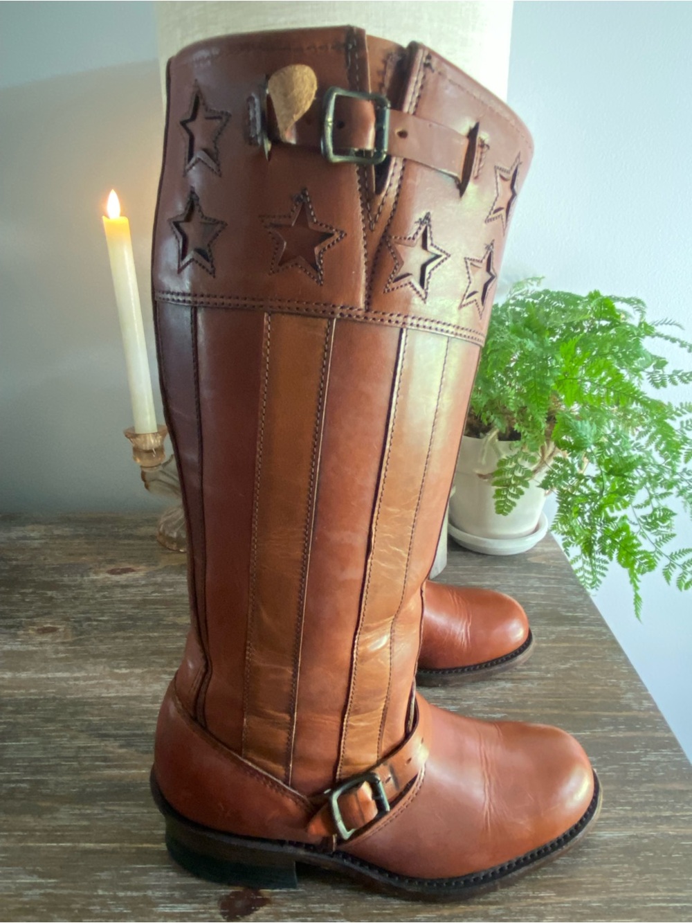 RARE Frye Engineer Americana Ltd Ed Anniversary Leather Tall Boots Women 7.5 Tan - Picture 6 of 16